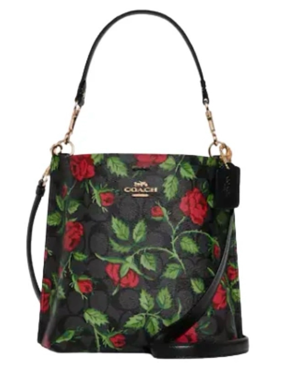 Coach Black Floral Signature Bucket Bag with Red Roses